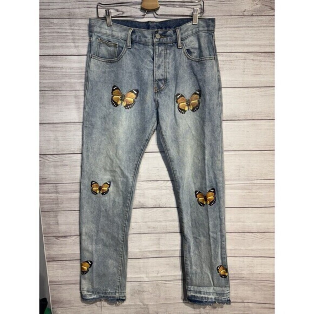 MNML Jeans Adult 33 Blue Butterfly Denim Button Fly Preppy Straight Leg Mens
